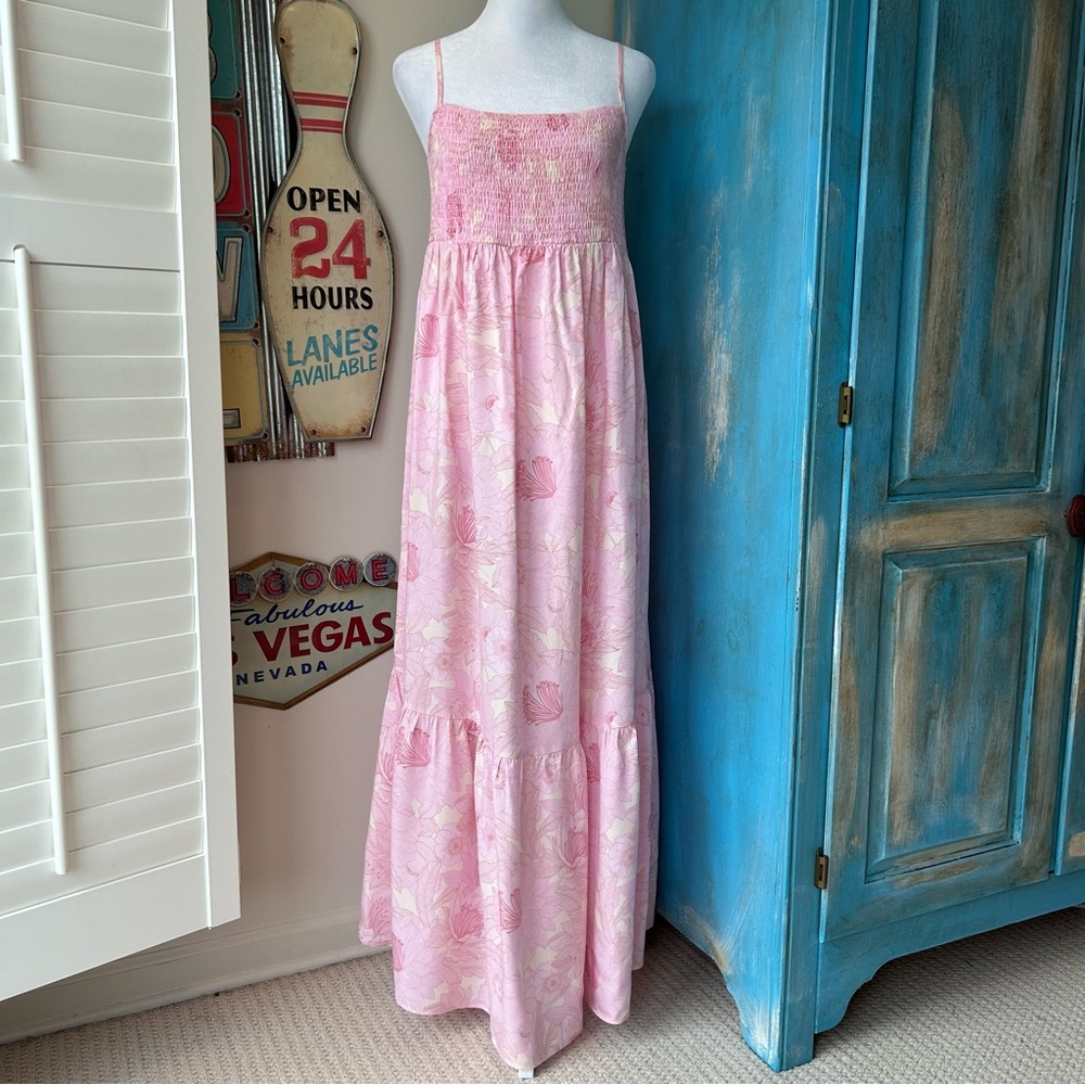 GAP Maternity Pink Floral Smocked Tiered Maxi Sun Dress Comfortable Bright - Picture 2 of 11
